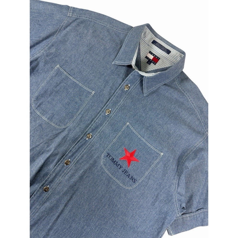 Vintage Tommy Jeans Denim Button Up Shirt Men's Large Short Sleeve Embroidered L